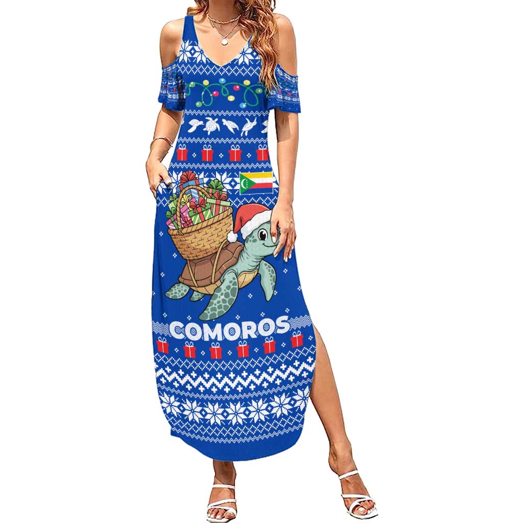 Comoros Christmas Summer Maxi Dress with Santa Turtle Gifts Snowflakes and Ocean Blue Holiday Pattern - Wonder Print Shop