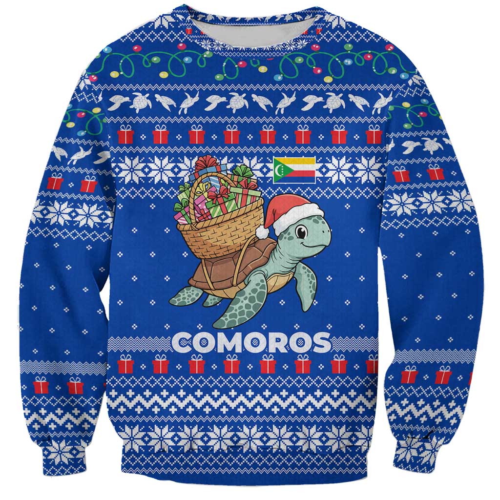 Comoros Christmas Sweatshirt with Santa Turtle Gifts Snowflakes and Ocean Blue Holiday Pattern - Wonder Print Shop