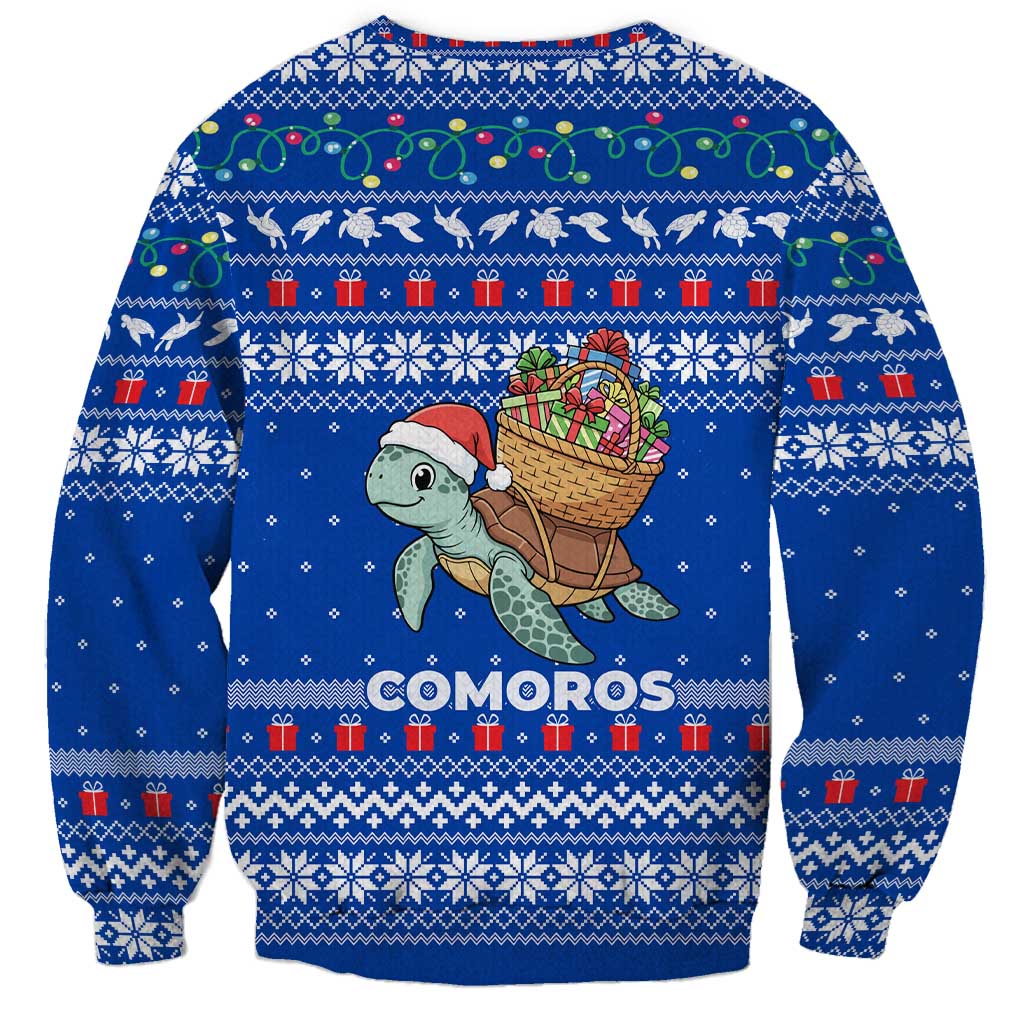Comoros Christmas Sweatshirt with Santa Turtle Gifts Snowflakes and Ocean Blue Holiday Pattern - Wonder Print Shop