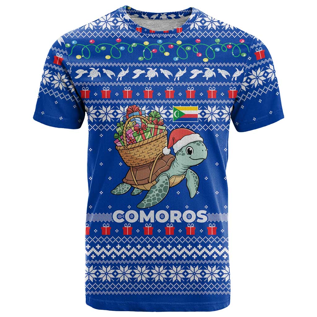 Comoros Christmas T Shirt with Santa Turtle Gifts Snowflakes and Ocean Blue Holiday Pattern - Wonder Print Shop
