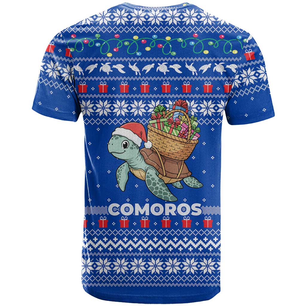 Comoros Christmas T Shirt with Santa Turtle Gifts Snowflakes and Ocean Blue Holiday Pattern - Wonder Print Shop