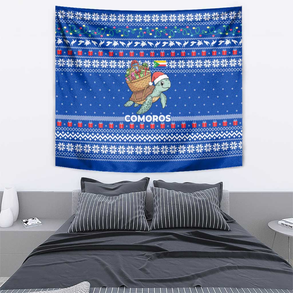 Comoros Christmas Tapestry with Santa Turtle Gifts Snowflakes and Ocean Blue Holiday Pattern - Wonder Print Shop
