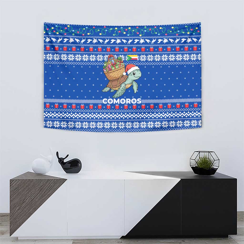 Comoros Christmas Tapestry with Santa Turtle Gifts Snowflakes and Ocean Blue Holiday Pattern - Wonder Print Shop