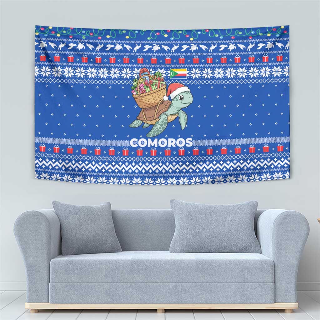 Comoros Christmas Tapestry with Santa Turtle Gifts Snowflakes and Ocean Blue Holiday Pattern - Wonder Print Shop