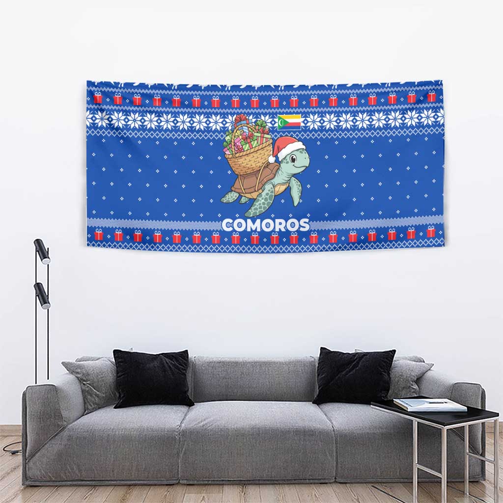 Comoros Christmas Tapestry with Santa Turtle Gifts Snowflakes and Ocean Blue Holiday Pattern - Wonder Print Shop