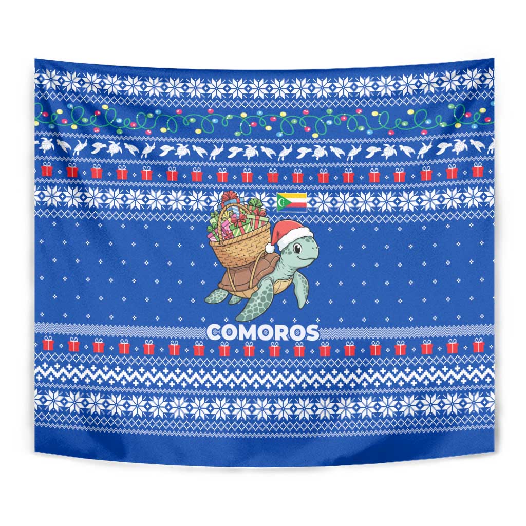 Comoros Christmas Tapestry with Santa Turtle Gifts Snowflakes and Ocean Blue Holiday Pattern - Wonder Print Shop
