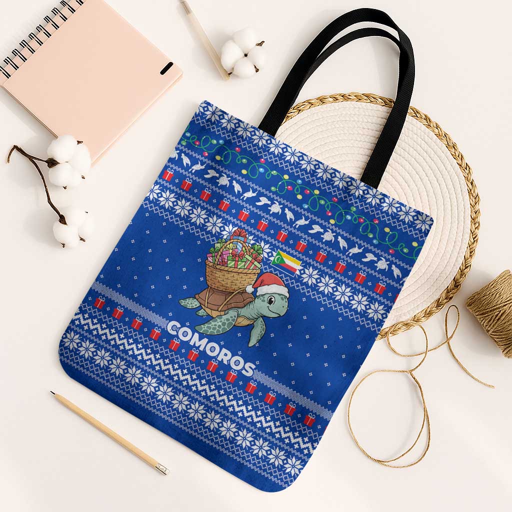 Comoros Christmas Tote Bag with Santa Turtle Gifts Snowflakes and Ocean Blue Holiday Pattern - Wonder Print Shop