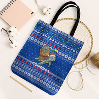 Comoros Christmas Tote Bag with Santa Turtle Gifts Snowflakes and Ocean Blue Holiday Pattern - Wonder Print Shop