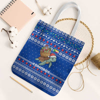 Comoros Christmas Tote Bag with Santa Turtle Gifts Snowflakes and Ocean Blue Holiday Pattern - Wonder Print Shop