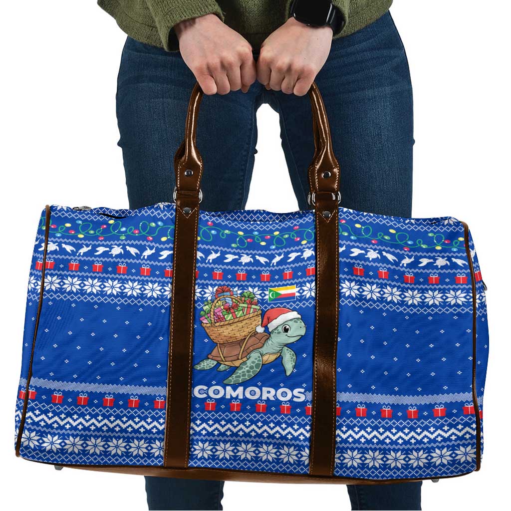 Comoros Christmas Travel Bag with Santa Turtle Gifts Snowflakes and Ocean Blue Holiday Pattern - Wonder Print Shop