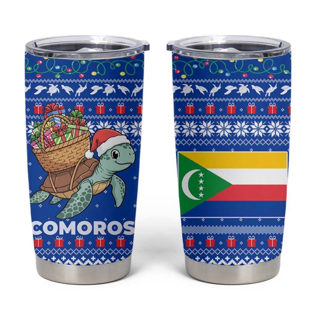 Comoros Christmas Tumbler Cup with Santa Turtle Gifts Snowflakes and Ocean Blue Holiday Pattern - Wonder Print Shop