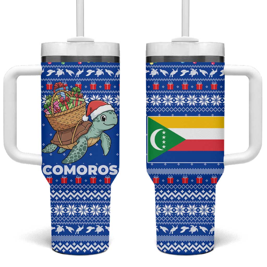 Comoros Christmas Tumbler With Handle with Santa Turtle Gifts Snowflakes and Ocean Blue Holiday Pattern - Wonder Print Shop