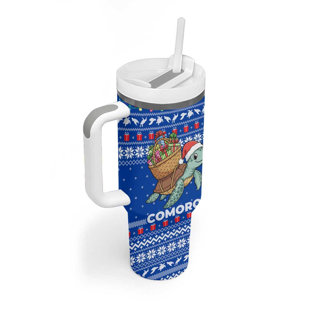 Comoros Christmas Tumbler With Handle with Santa Turtle Gifts Snowflakes and Ocean Blue Holiday Pattern - Wonder Print Shop