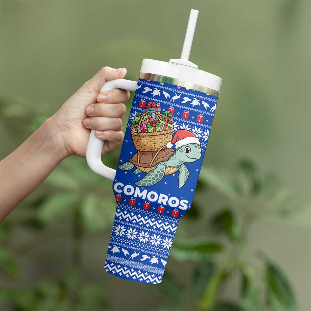 Comoros Christmas Tumbler With Handle with Santa Turtle Gifts Snowflakes and Ocean Blue Holiday Pattern - Wonder Print Shop