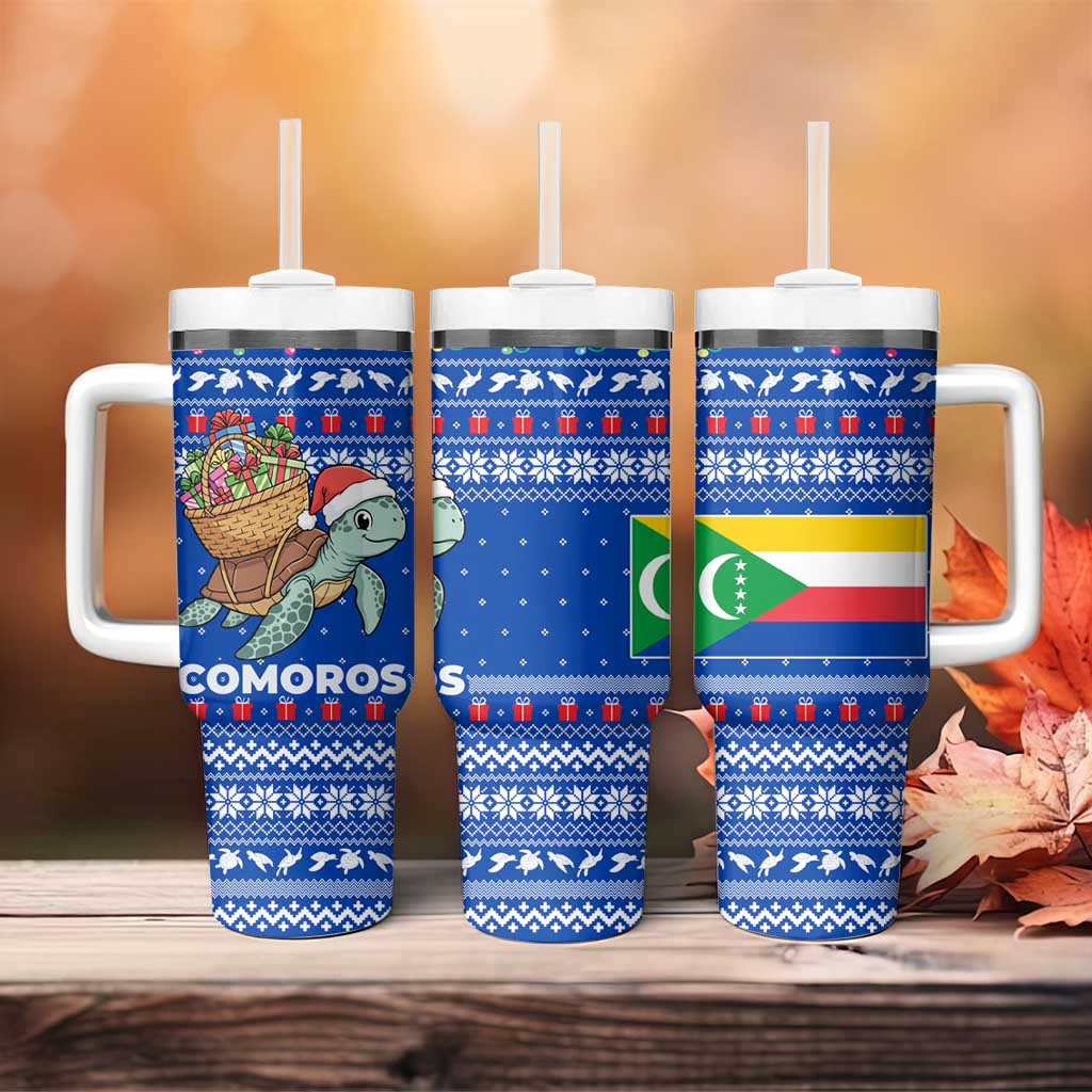 Comoros Christmas Tumbler With Handle with Santa Turtle Gifts Snowflakes and Ocean Blue Holiday Pattern - Wonder Print Shop