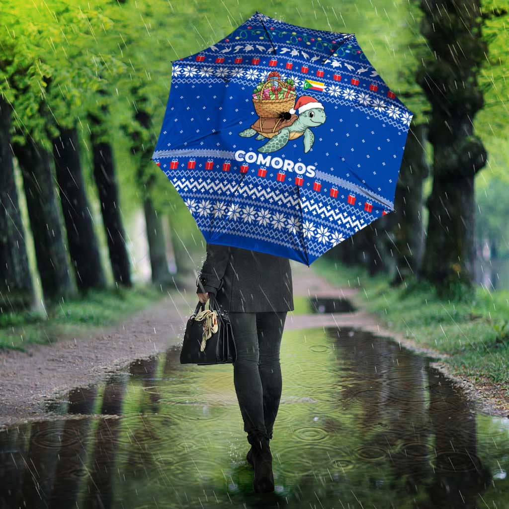 Comoros Christmas Umbrella with Santa Turtle Gifts Snowflakes and Ocean Blue Holiday Pattern - Wonder Print Shop