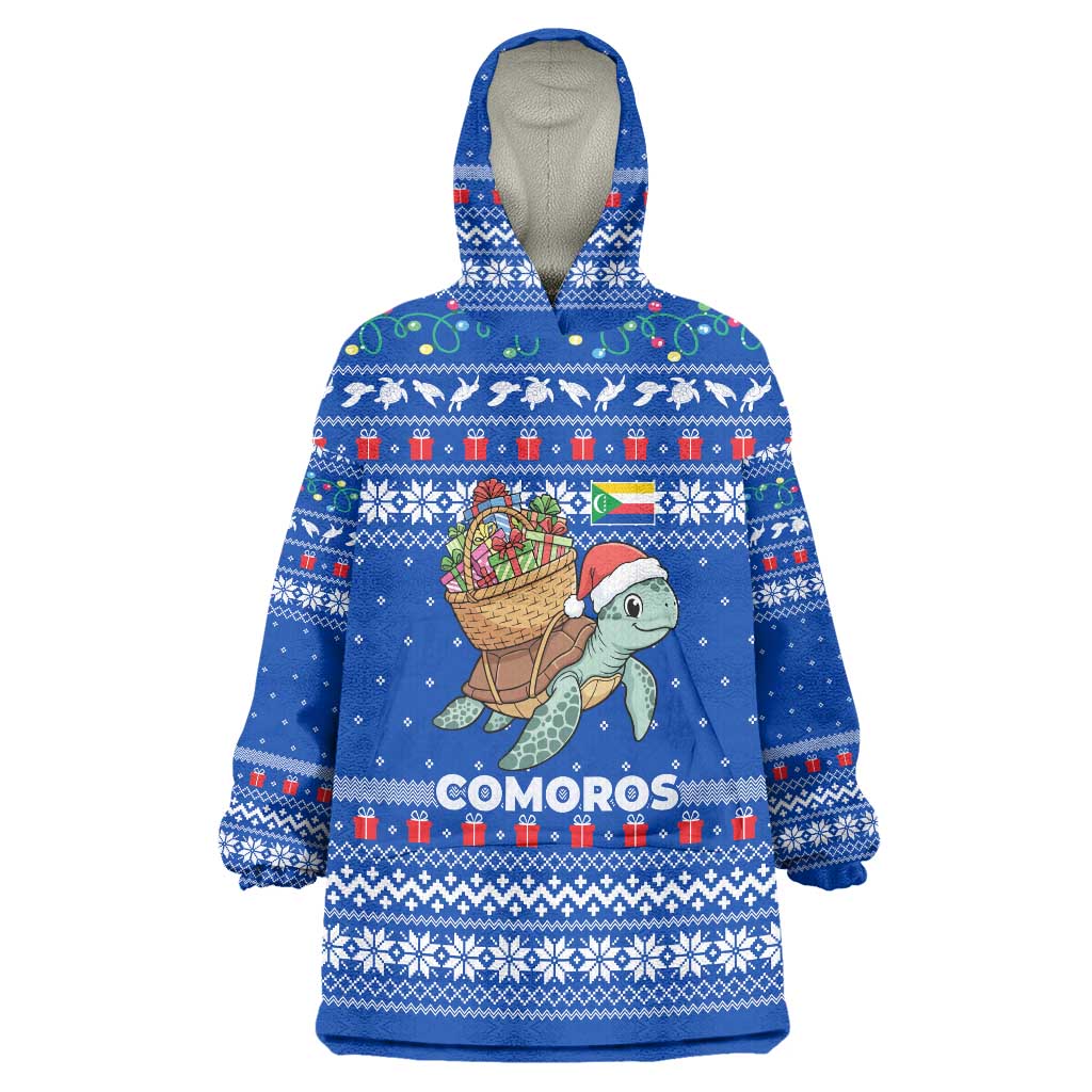 Comoros Christmas Wearable Blanket Hoodie with Santa Turtle Gifts Snowflakes and Ocean Blue Holiday Pattern - Wonder Print Shop
