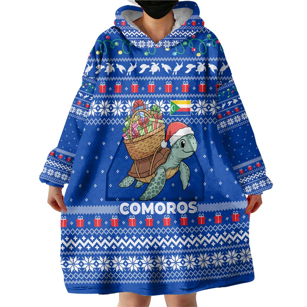 Comoros Christmas Wearable Blanket Hoodie with Santa Turtle Gifts Snowflakes and Ocean Blue Holiday Pattern - Wonder Print Shop