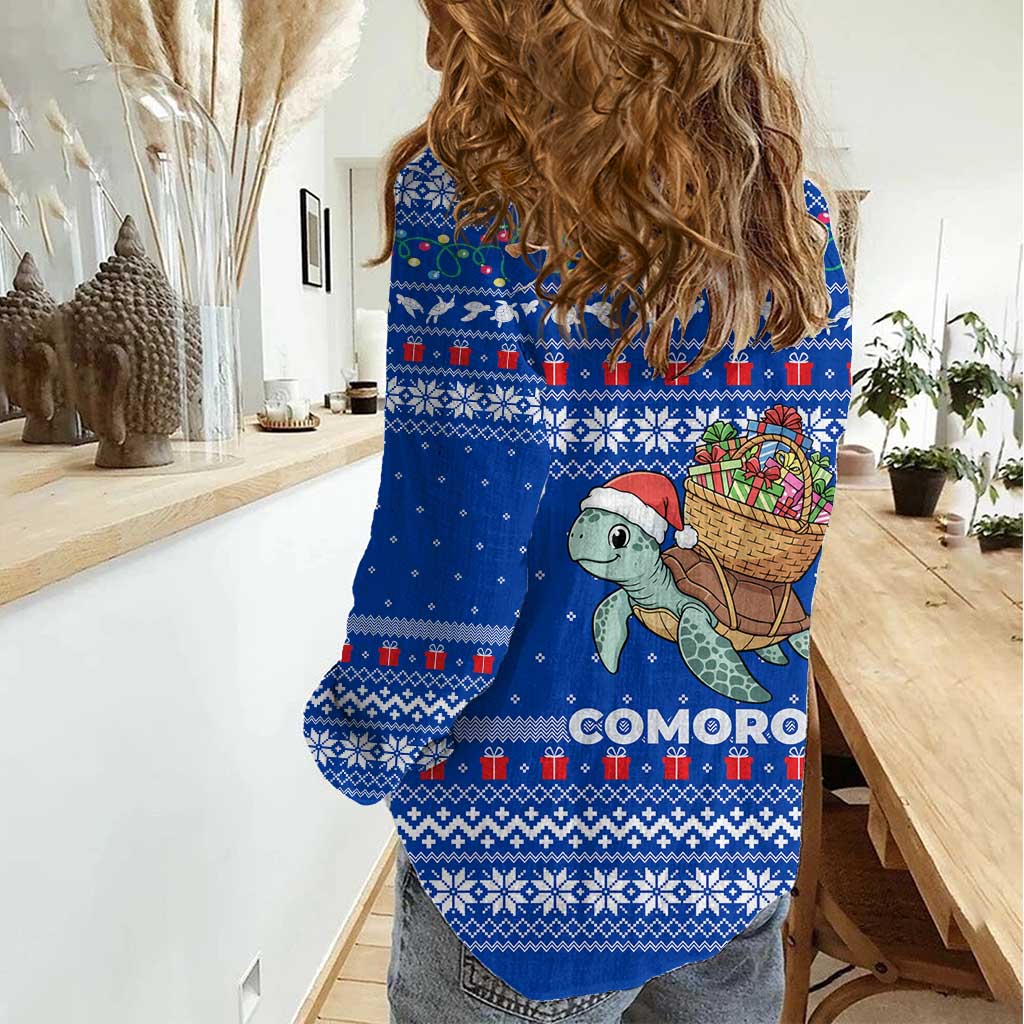 Comoros Christmas Women Casual Shirt with Santa Turtle Gifts Snowflakes and Ocean Blue Holiday Pattern - Wonder Print Shop