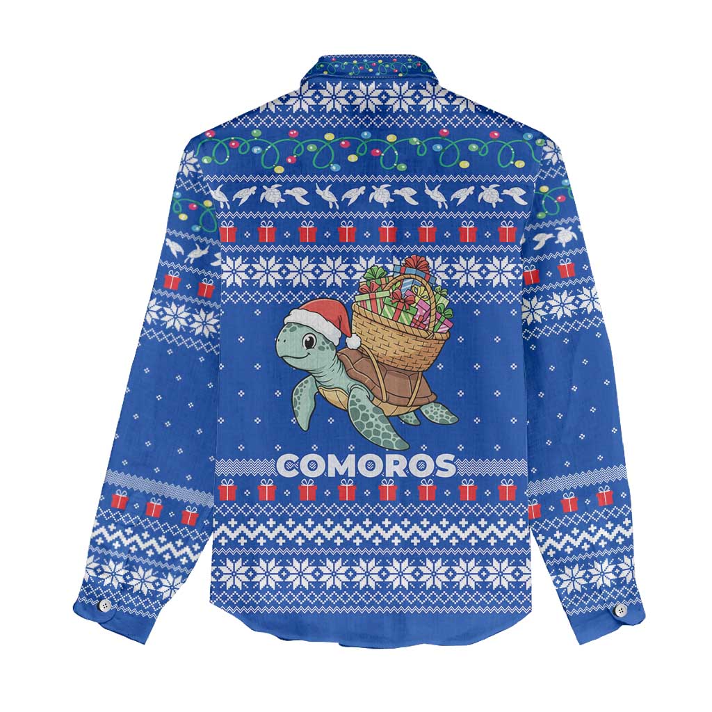 Comoros Christmas Women Casual Shirt with Santa Turtle Gifts Snowflakes and Ocean Blue Holiday Pattern - Wonder Print Shop