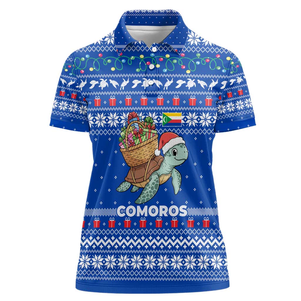 Comoros Christmas Women Polo Shirt with Santa Turtle Gifts Snowflakes and Ocean Blue Holiday Pattern - Wonder Print Shop