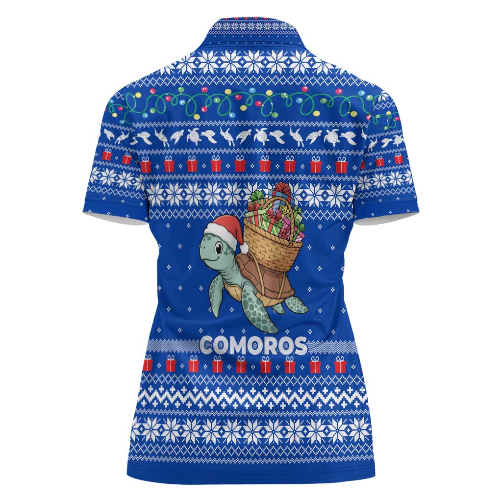 Comoros Christmas Women Polo Shirt with Santa Turtle Gifts Snowflakes and Ocean Blue Holiday Pattern - Wonder Print Shop