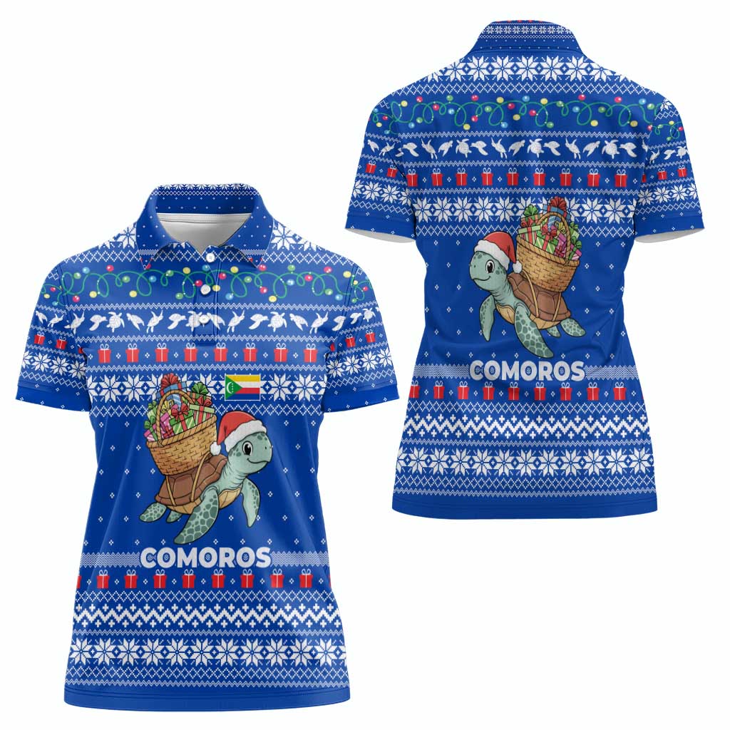 Comoros Christmas Women Polo Shirt with Santa Turtle Gifts Snowflakes and Ocean Blue Holiday Pattern - Wonder Print Shop