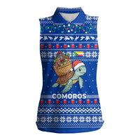 Comoros Christmas Women Sleeveless Polo Shirt with Santa Turtle Gifts Snowflakes and Ocean Blue Holiday Pattern - Wonder Print Shop