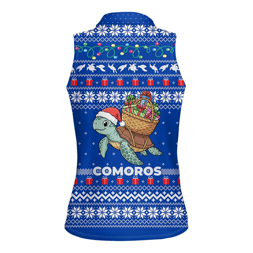 Comoros Christmas Women Sleeveless Polo Shirt with Santa Turtle Gifts Snowflakes and Ocean Blue Holiday Pattern - Wonder Print Shop