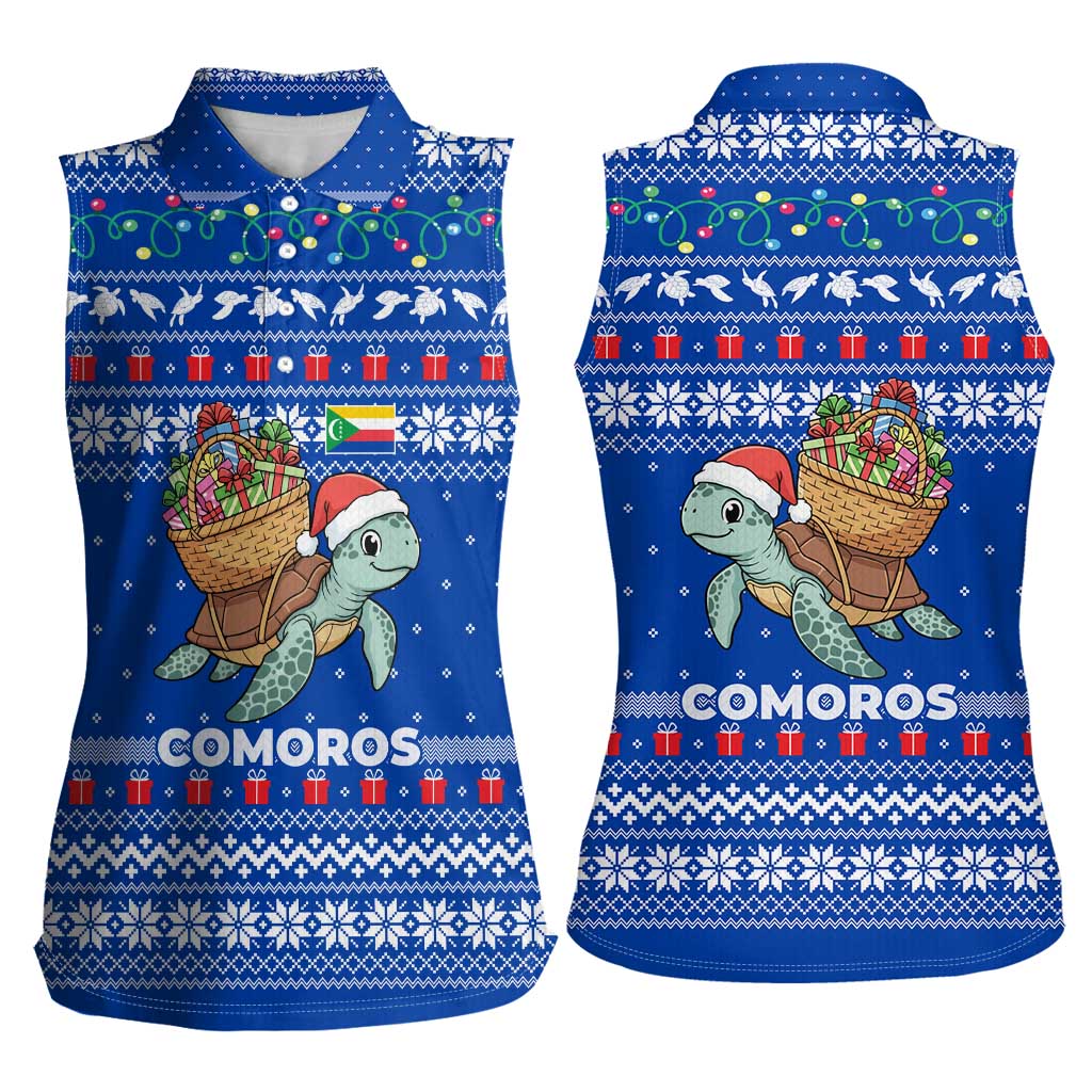 Comoros Christmas Women Sleeveless Polo Shirt with Santa Turtle Gifts Snowflakes and Ocean Blue Holiday Pattern - Wonder Print Shop