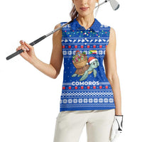 Comoros Christmas Women Sleeveless Polo Shirt with Santa Turtle Gifts Snowflakes and Ocean Blue Holiday Pattern - Wonder Print Shop