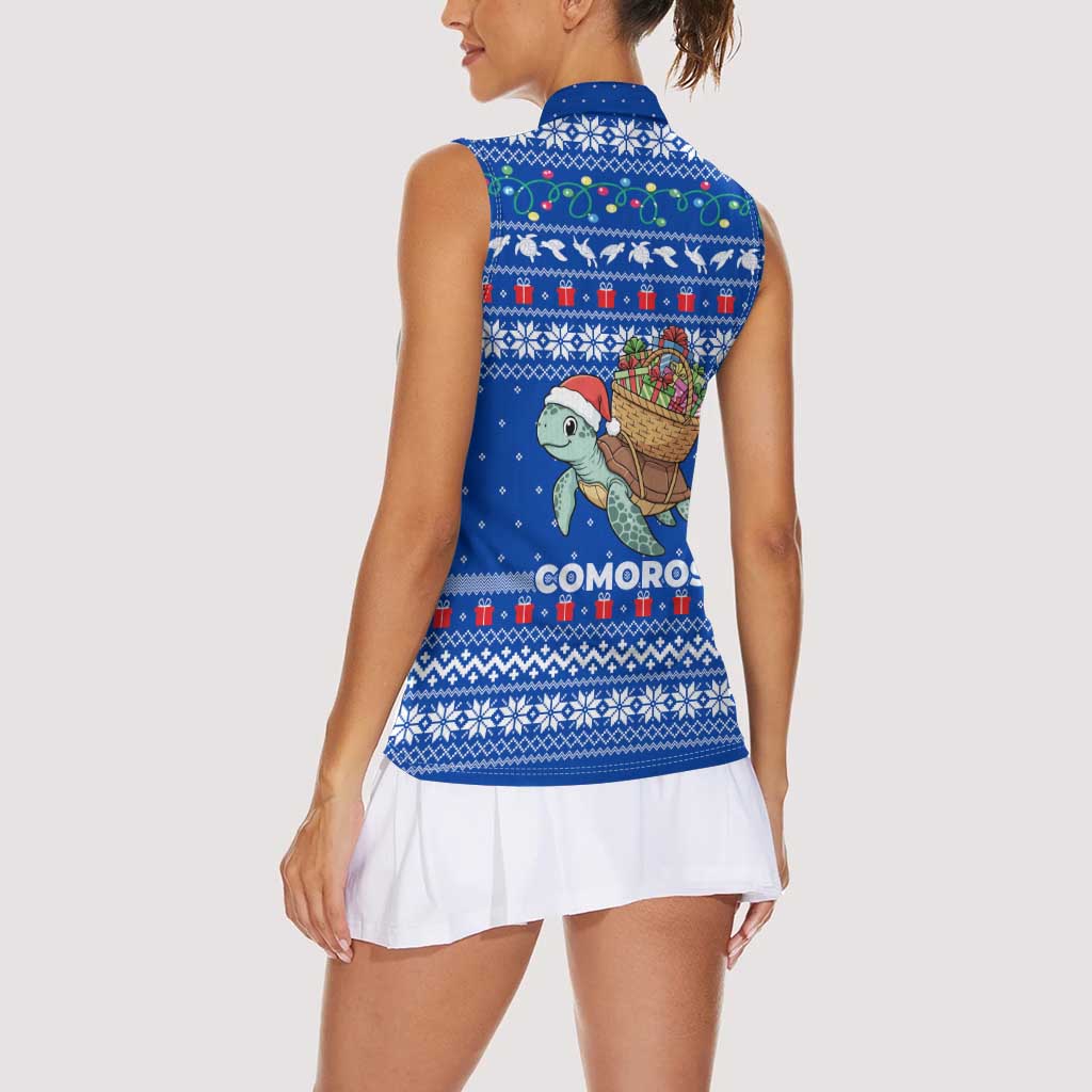 Comoros Christmas Women Sleeveless Polo Shirt with Santa Turtle Gifts Snowflakes and Ocean Blue Holiday Pattern - Wonder Print Shop