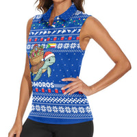Comoros Christmas Women Sleeveless Polo Shirt with Santa Turtle Gifts Snowflakes and Ocean Blue Holiday Pattern - Wonder Print Shop
