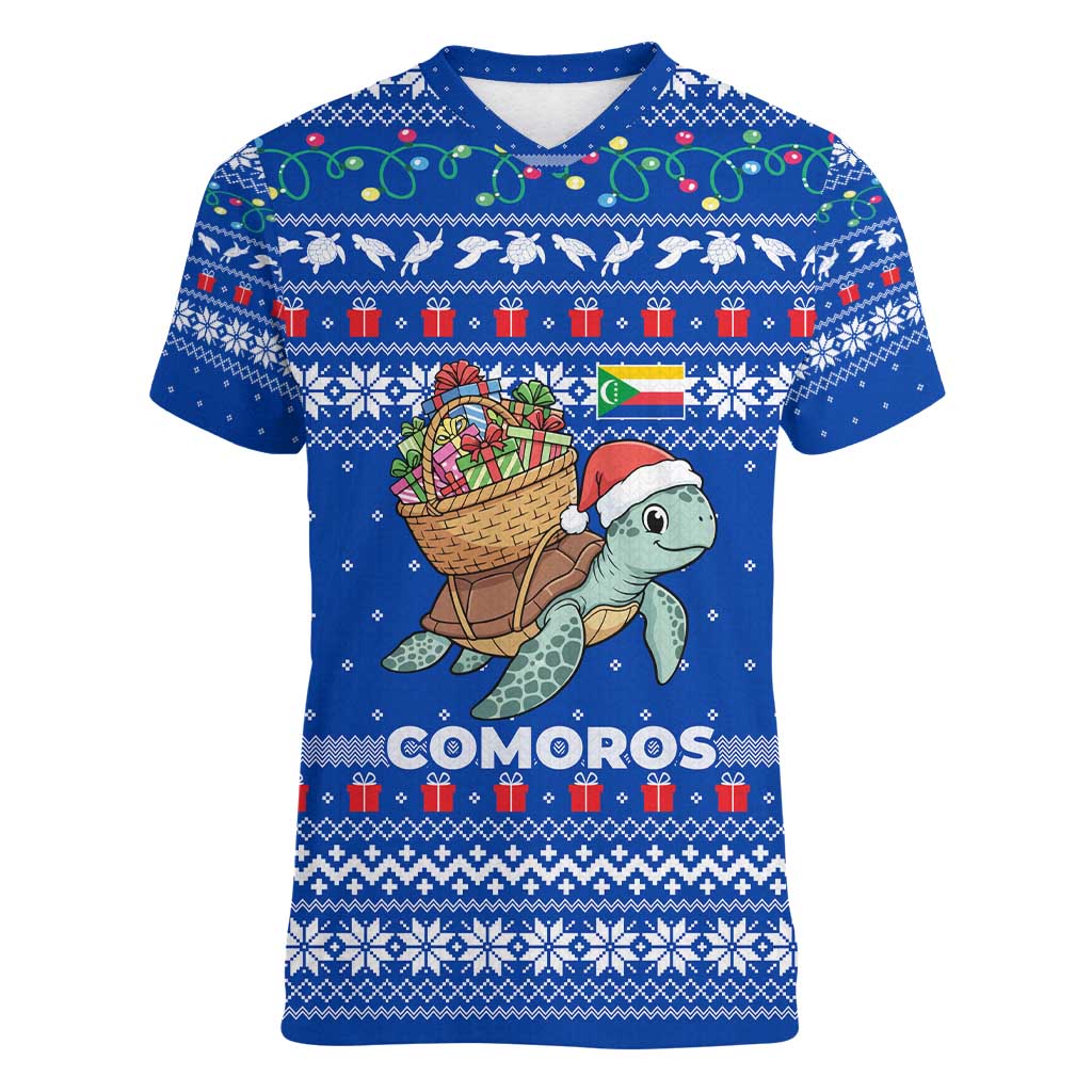 Comoros Christmas Women V-Neck T-Shirt with Santa Turtle Gifts Snowflakes and Ocean Blue Holiday Pattern - Wonder Print Shop
