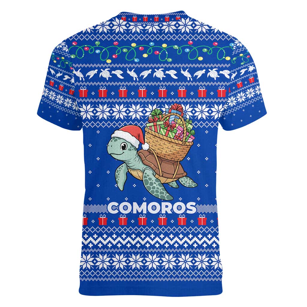 Comoros Christmas Women V-Neck T-Shirt with Santa Turtle Gifts Snowflakes and Ocean Blue Holiday Pattern - Wonder Print Shop