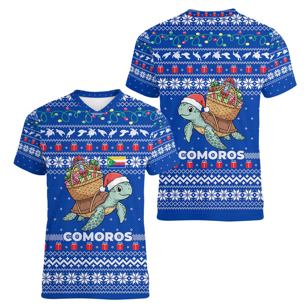 Comoros Christmas Women V-Neck T-Shirt with Santa Turtle Gifts Snowflakes and Ocean Blue Holiday Pattern - Wonder Print Shop