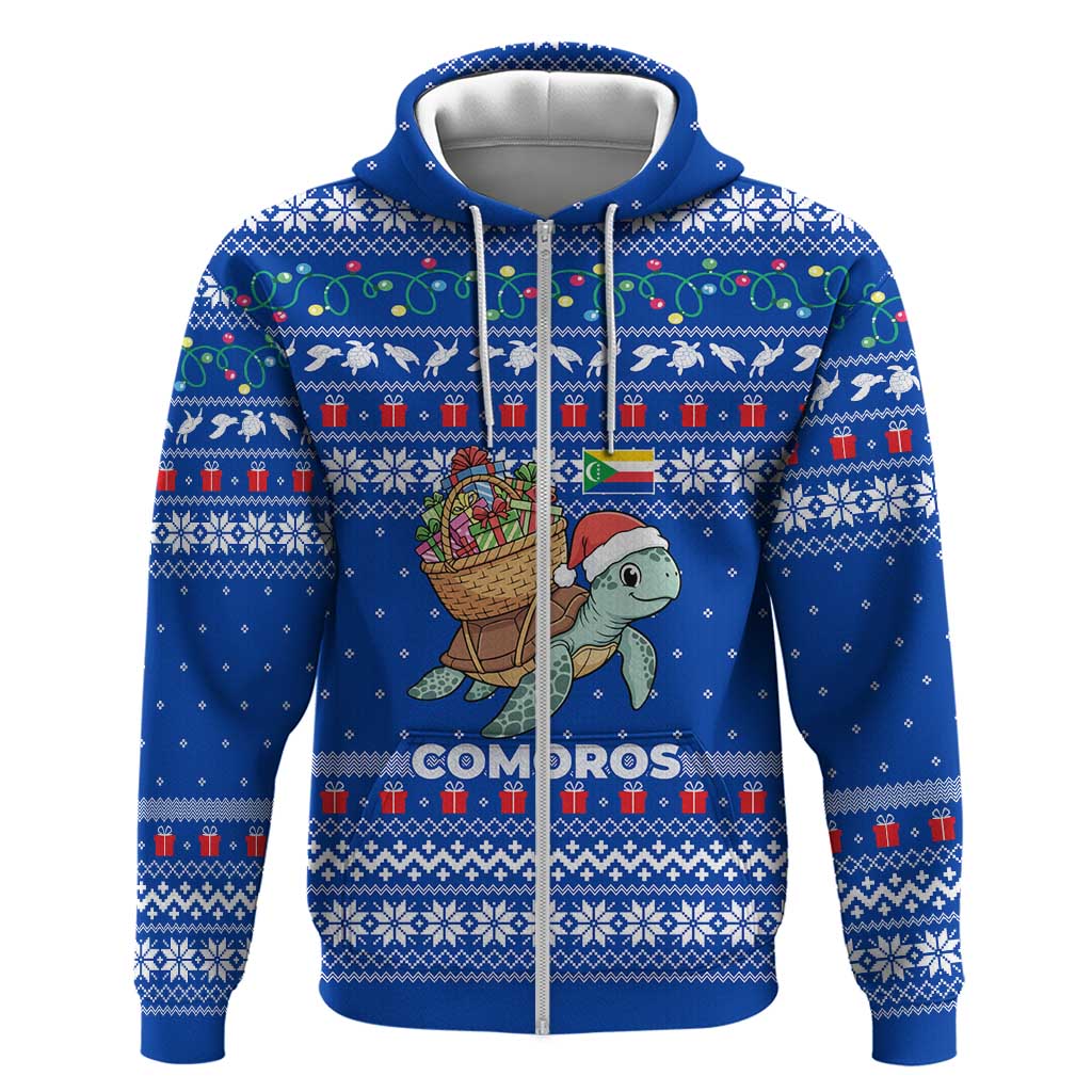 Comoros Christmas Zip Hoodie with Santa Turtle Gifts Snowflakes and Ocean Blue Holiday Pattern - Wonder Print Shop