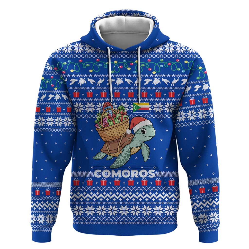 Comoros Christmas Zip Hoodie with Santa Turtle Gifts Snowflakes and Ocean Blue Holiday Pattern - Wonder Print Shop