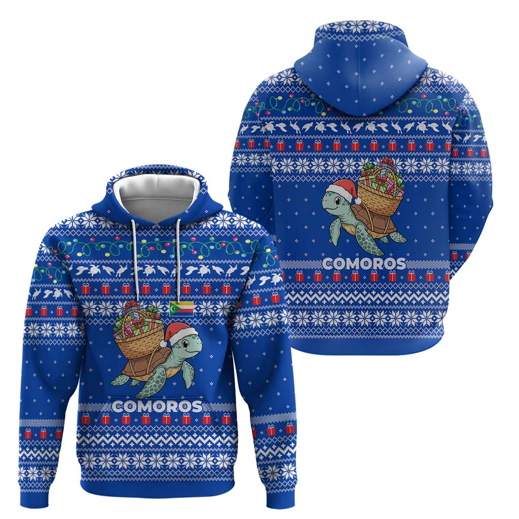 Comoros Christmas Zip Hoodie with Santa Turtle Gifts Snowflakes and Ocean Blue Holiday Pattern - Wonder Print Shop