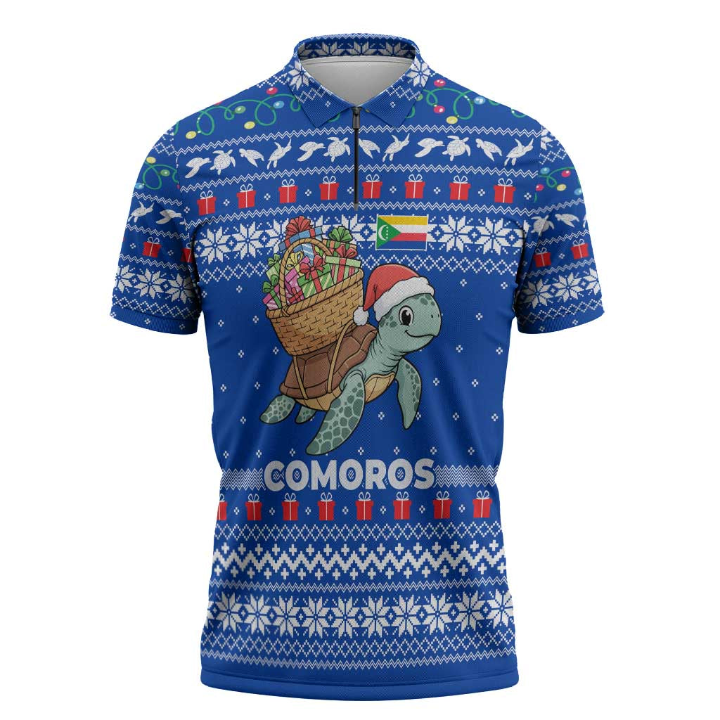 Comoros Christmas Zipper Polo Shirt with Santa Turtle Gifts Snowflakes and Ocean Blue Holiday Pattern - Wonder Print Shop
