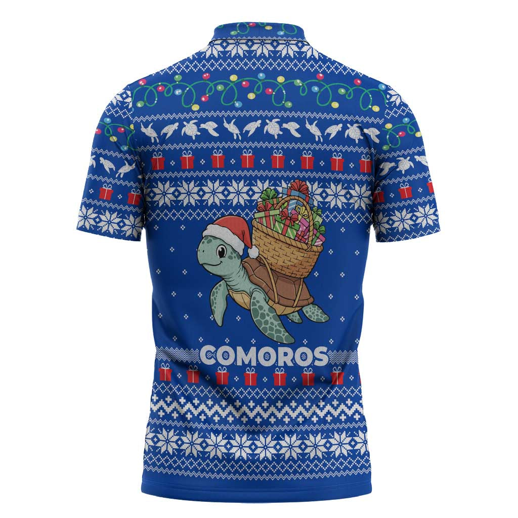 Comoros Christmas Zipper Polo Shirt with Santa Turtle Gifts Snowflakes and Ocean Blue Holiday Pattern - Wonder Print Shop