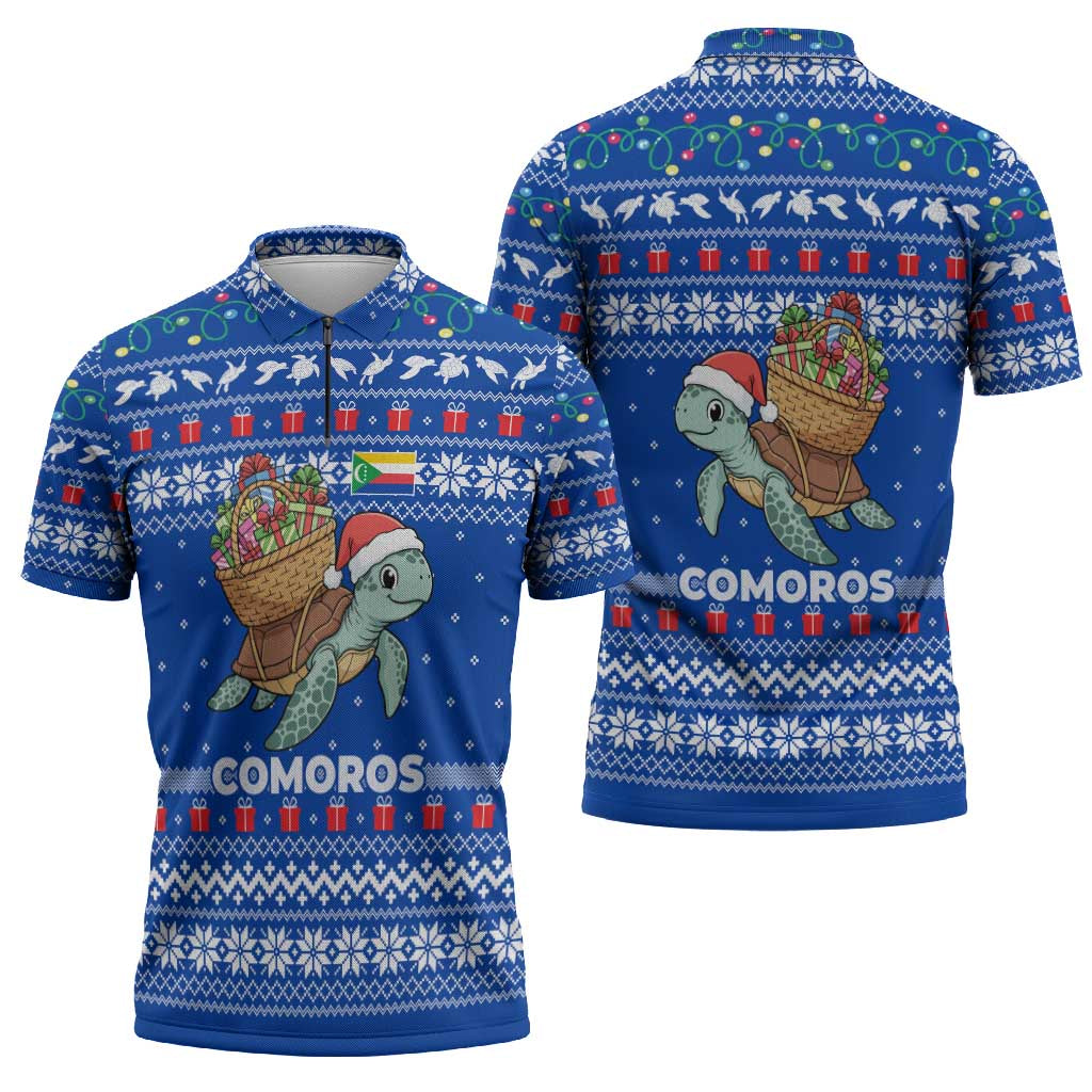 Comoros Christmas Zipper Polo Shirt with Santa Turtle Gifts Snowflakes and Ocean Blue Holiday Pattern - Wonder Print Shop