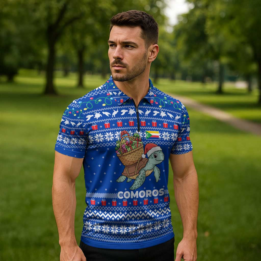 Comoros Christmas Zipper Polo Shirt with Santa Turtle Gifts Snowflakes and Ocean Blue Holiday Pattern - Wonder Print Shop