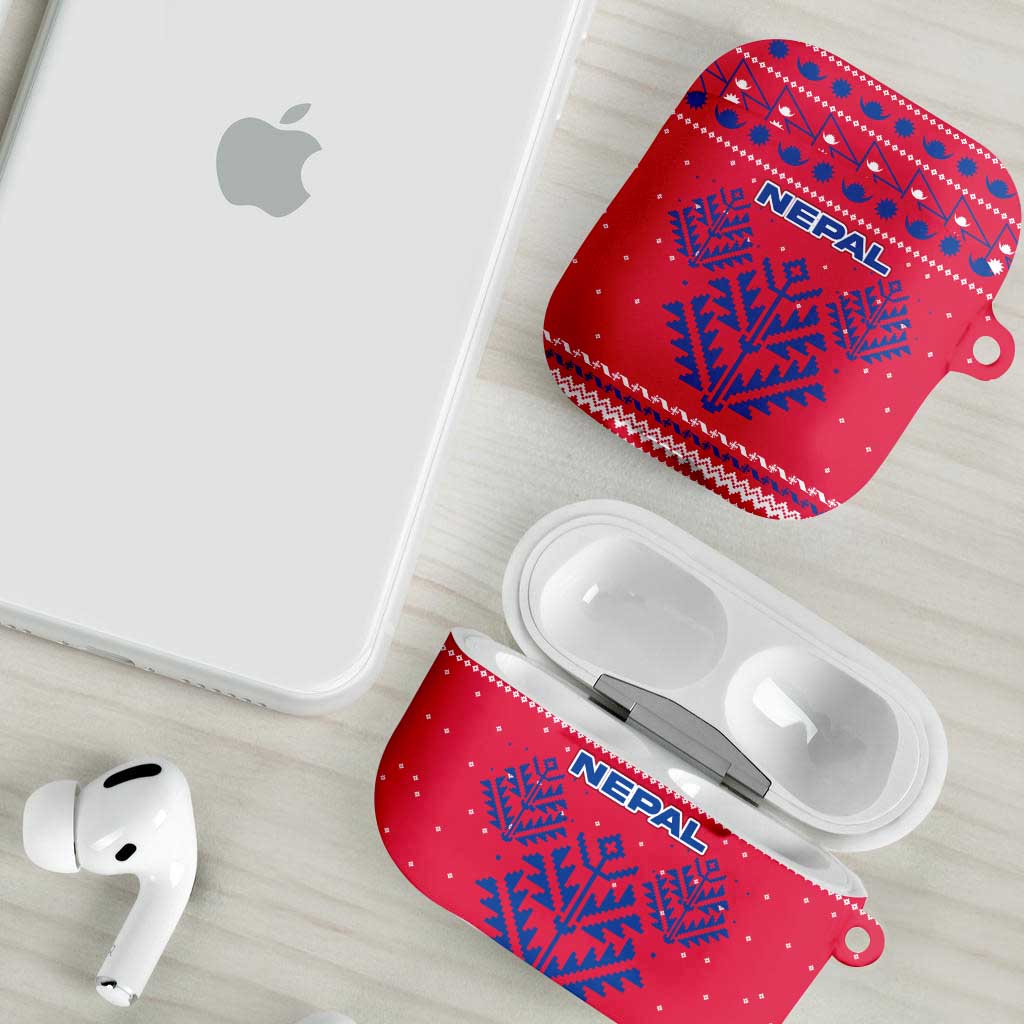 Nepal Christmas AirPods Case with Red-Blue Design, National Emblem, and Snowflake Motif - Wonder Print Shop