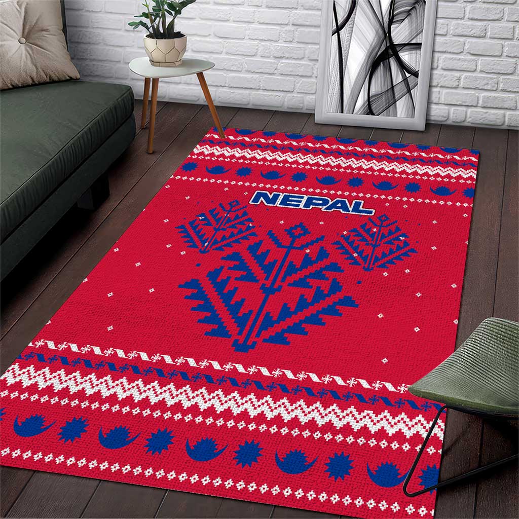 Nepal Christmas Area Rug with Red-Blue Design, National Emblem, and Snowflake Motif - Wonder Print Shop