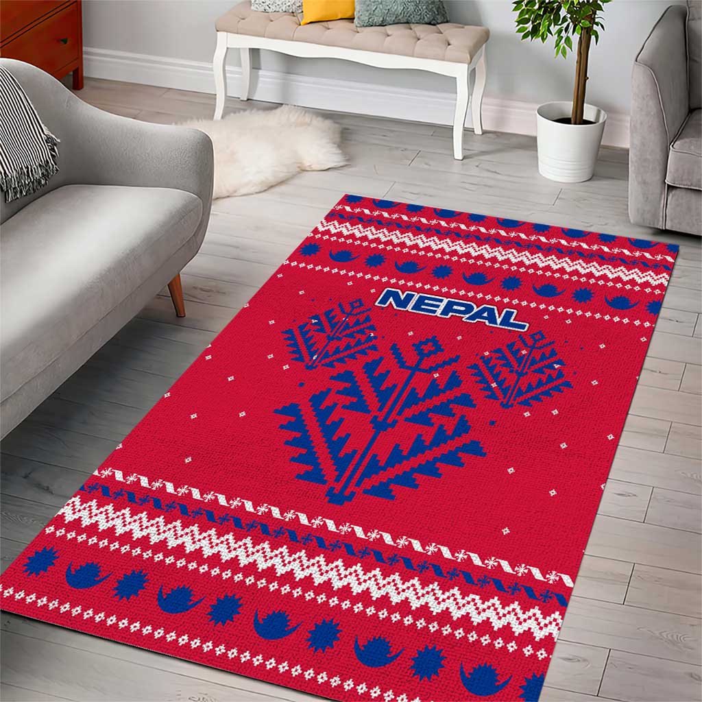 Nepal Christmas Area Rug with Red-Blue Design, National Emblem, and Snowflake Motif - Wonder Print Shop