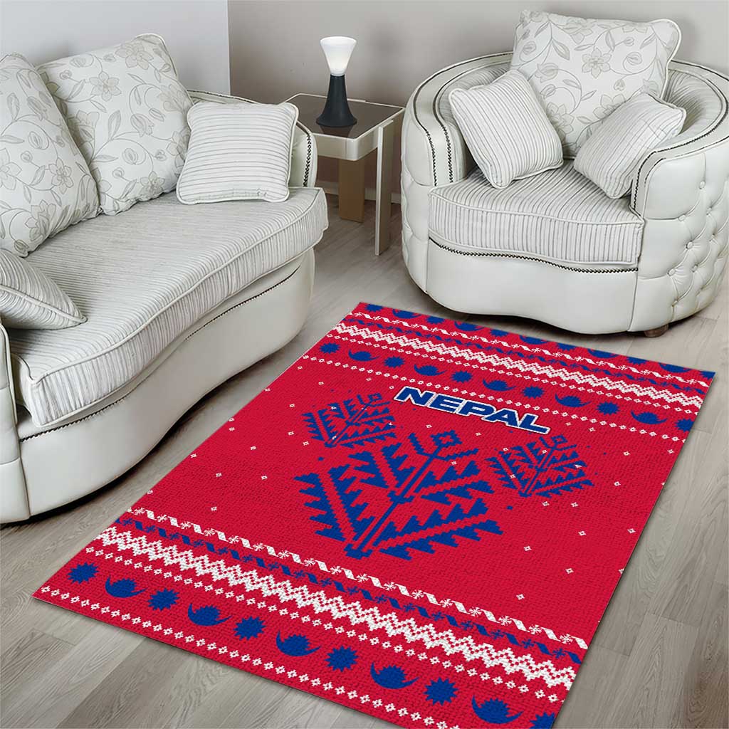 Nepal Christmas Area Rug with Red-Blue Design, National Emblem, and Snowflake Motif - Wonder Print Shop