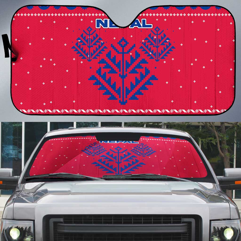 Nepal Christmas Auto Sun Shade with Red-Blue Design, National Emblem, and Snowflake Motif - Wonder Print Shop