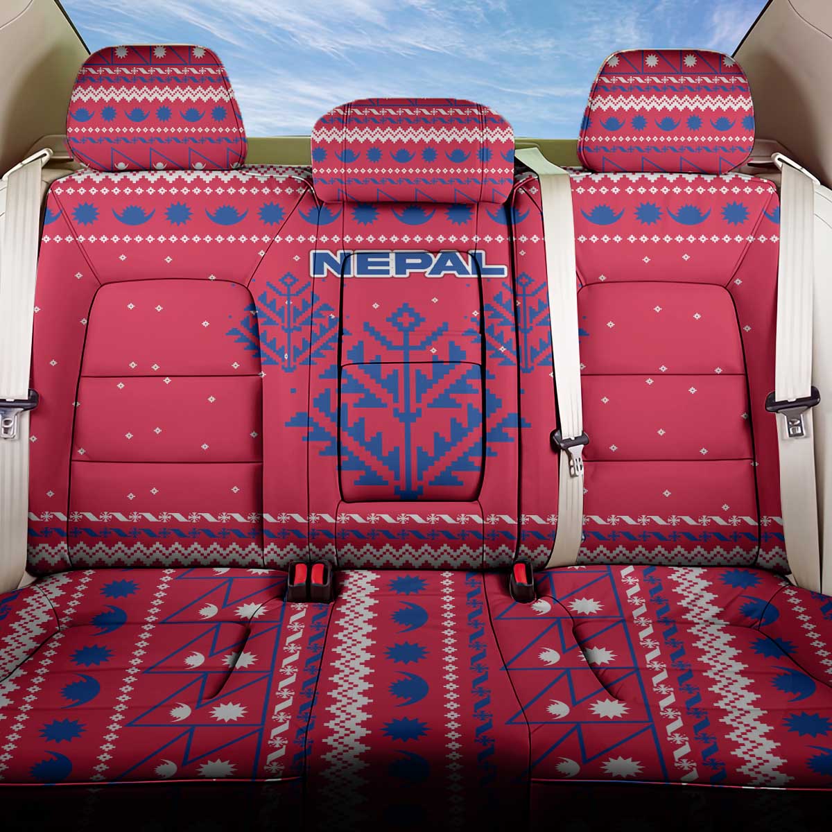 Nepal Christmas Back Car Seat Cover with Red-Blue Design, National Emblem, and Snowflake Motif - Wonder Print Shop