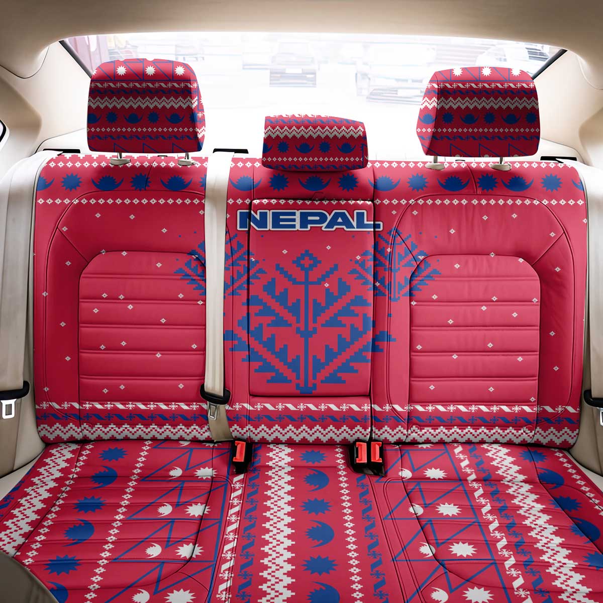 Nepal Christmas Back Car Seat Cover with Red-Blue Design, National Emblem, and Snowflake Motif - Wonder Print Shop